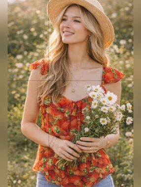 Anthropologie Strawberry Print Sleeveless Cotton Top Summer Blouse Size 6